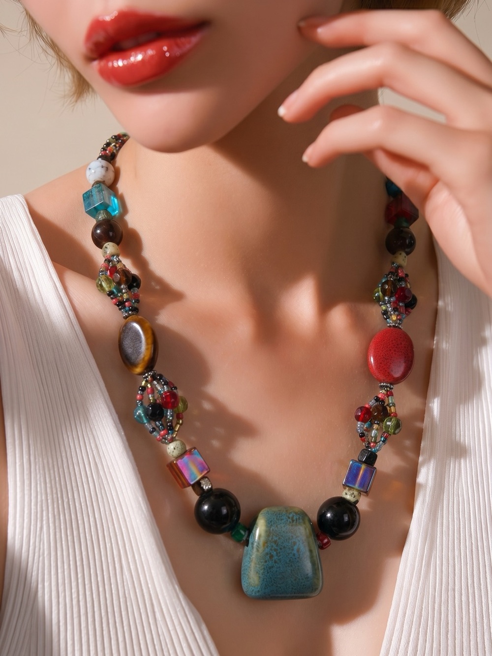 Premier Designs Multicolor Beaded Statement Necklace with Teal Focal